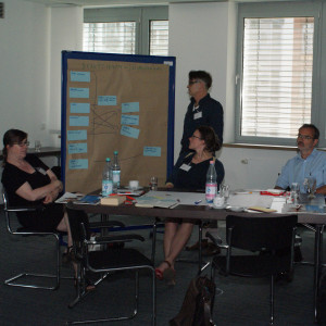 Teilnehmer steht an der Moderationswand und schaut auf die Moderationskarten. Im Vordergrund sitzen Teilnehmer am Gruppenarbeitstisch und schauen nachdenklich.