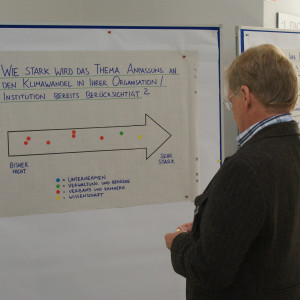 Teilnehmer betrachtet eine Pfeil Graphik an Moderationswand zum Thema: Wie stark wird Anpassung an den Klimawandel in der eigenen Organisation bereits berücksichtigt.