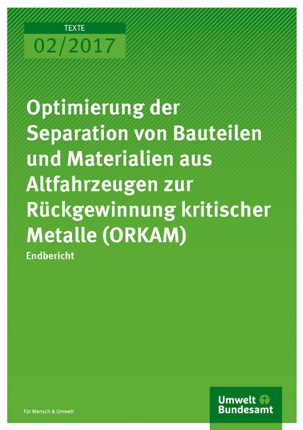 Cover der Publikation: Optimierung der Separation von Bauteilen und Materialien aus Altfahrzeugen zur Rückgewinnung kritischer Metalle (ORKAM)