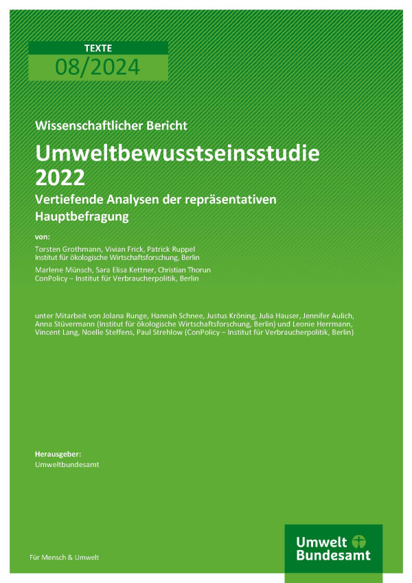 Cover des Berichts "Umweltbewusstseinsstudie 2022 - Vertiefende Analysen der repräsentativen Hauptbefragung"