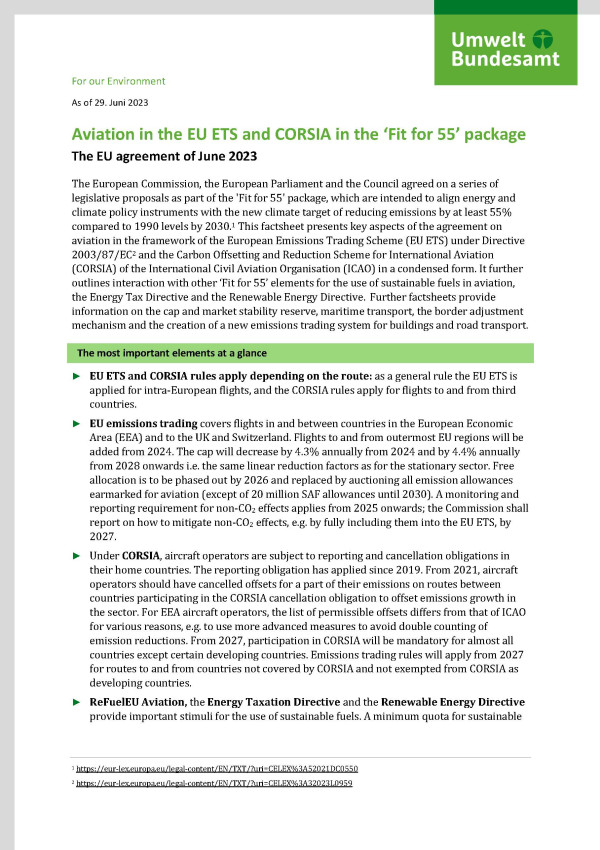 Cover des Factsheets "Aviation in the EU ETS and CORSIA in the ‘Fit for 55’ package"