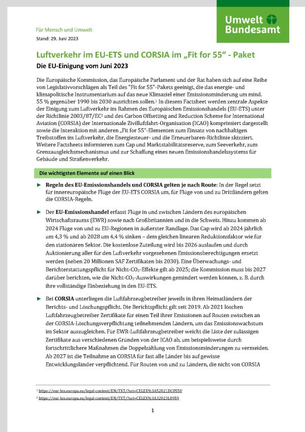 Cover des Factsheets "Luftverkehr im EU-ETS und CORSIA im „Fit for 55“ – Paket" 
