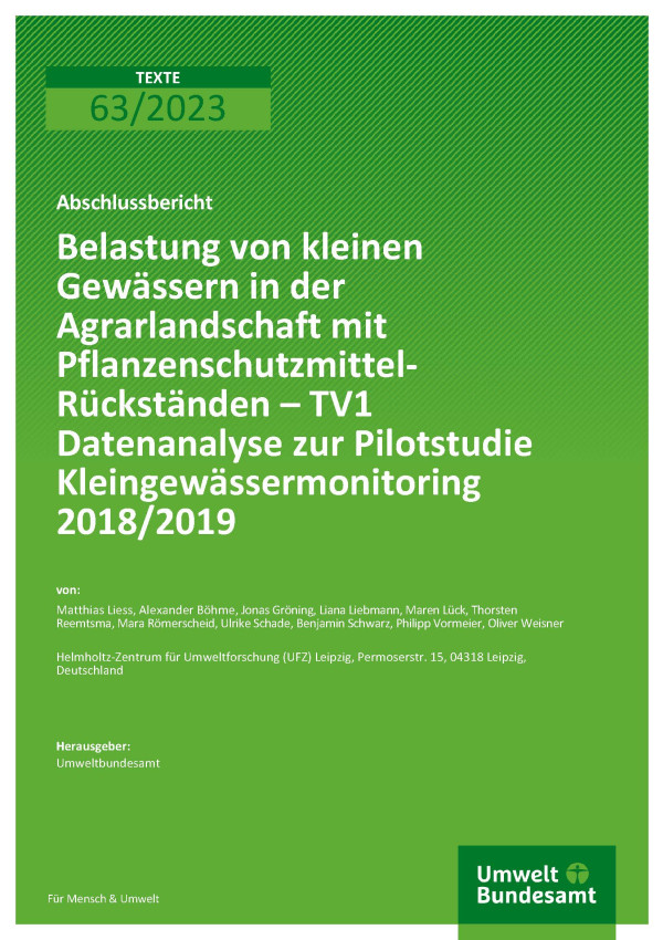 Cover des Berichts "Belastung von kleinen Gewässern in der Agrarlandschaft mit Pflanzenschutzmittel-Rückständen – TV1 Datenanalyse zur Pilotstudie Kleingewässermonitoring 2018/2019"