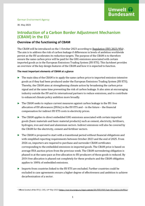 Cover des Fact Sheets "Introduction of a Carbon Border Adjustment Mechanism (CBAM) in the EU"