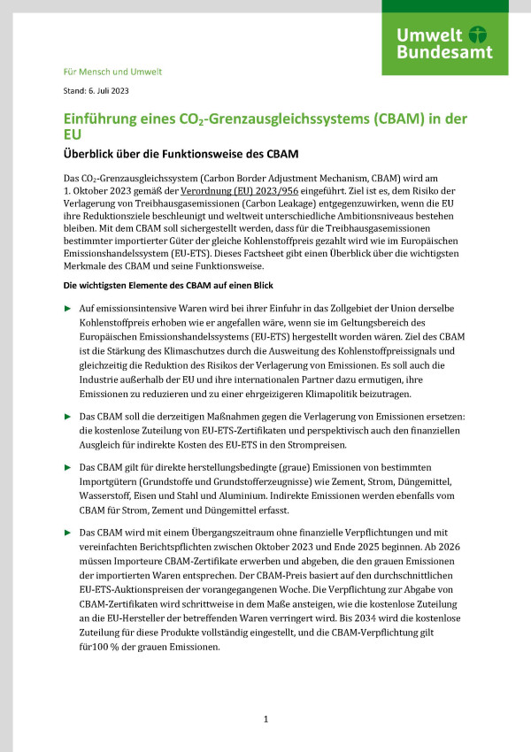 Cover des Fact Sheets "Einführung eines CO2-Grenzausgleichssystems (CBAM) in der EU"