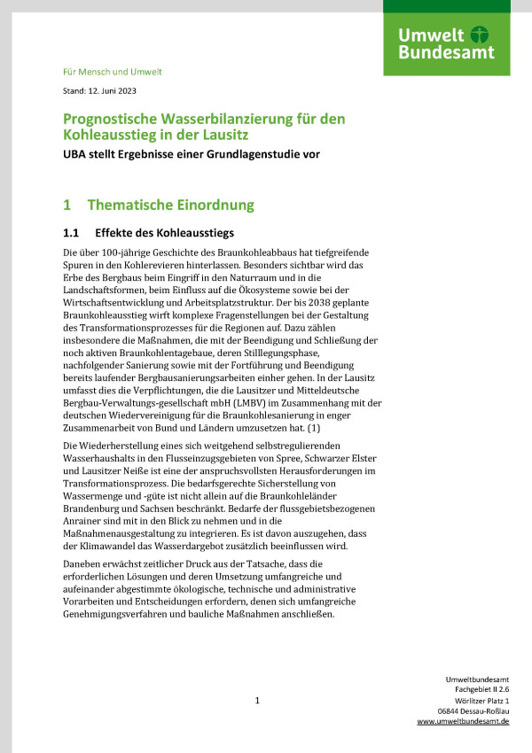 Cover des Fact Sheets "Prognostische Wasserbilanzierung für den Kohleausstieg in der Lausitz"
