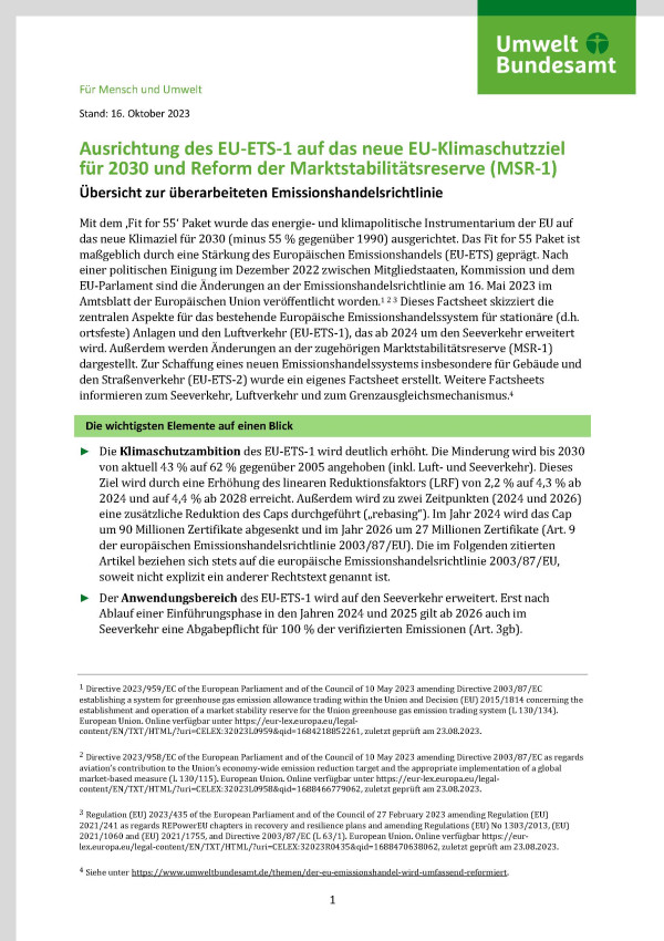 Cover des Fact Sheets "Ausrichtung des EU-ETS-1 auf das neue EU-Klimaschutzziel für 2030 und Reform der Marktstabilitätsreserve (MSR-1)"