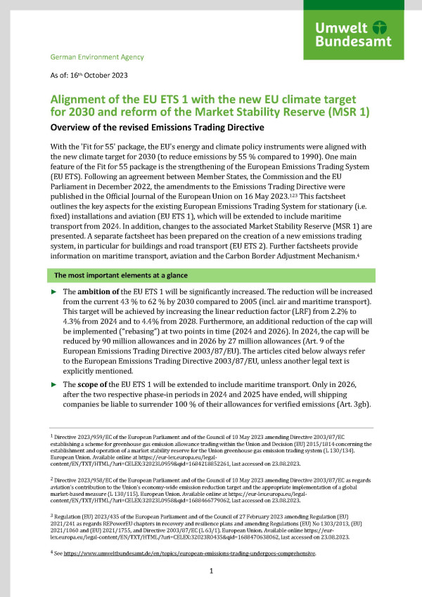 Cover des Fact Sheets "Alignment of the EU ETS 1 with the new EU climate target for 2030 and reform of the Market Stability Reserve (MSR 1)"