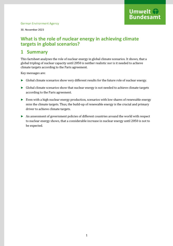 Cover des Factsheets "What is the role of nuclear energy in achieving climate targets in global scenarios?"