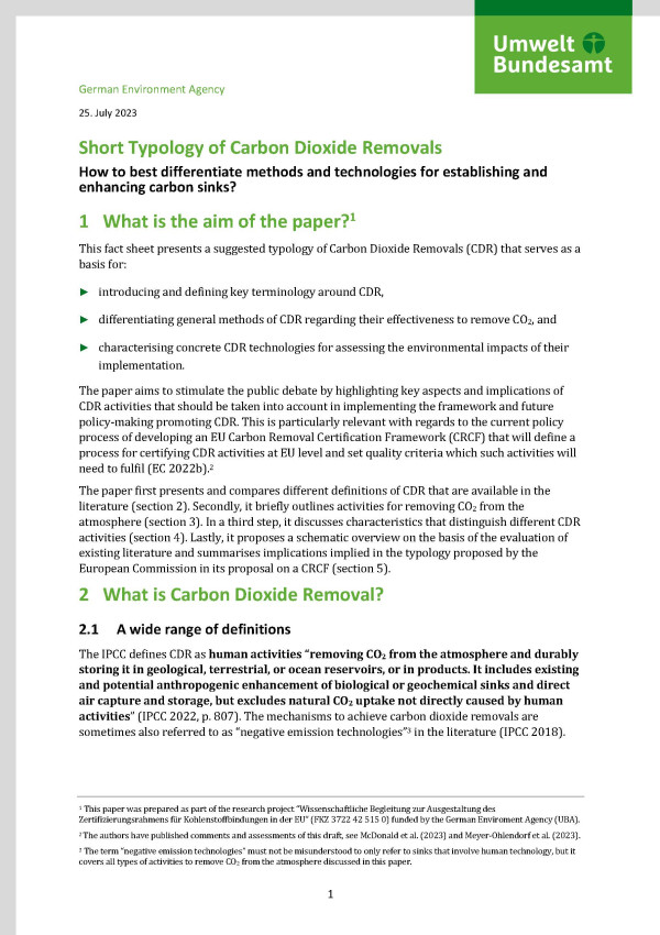 Cover des Fact Sheets "Short Typology of Carbon Dioxide Removals"