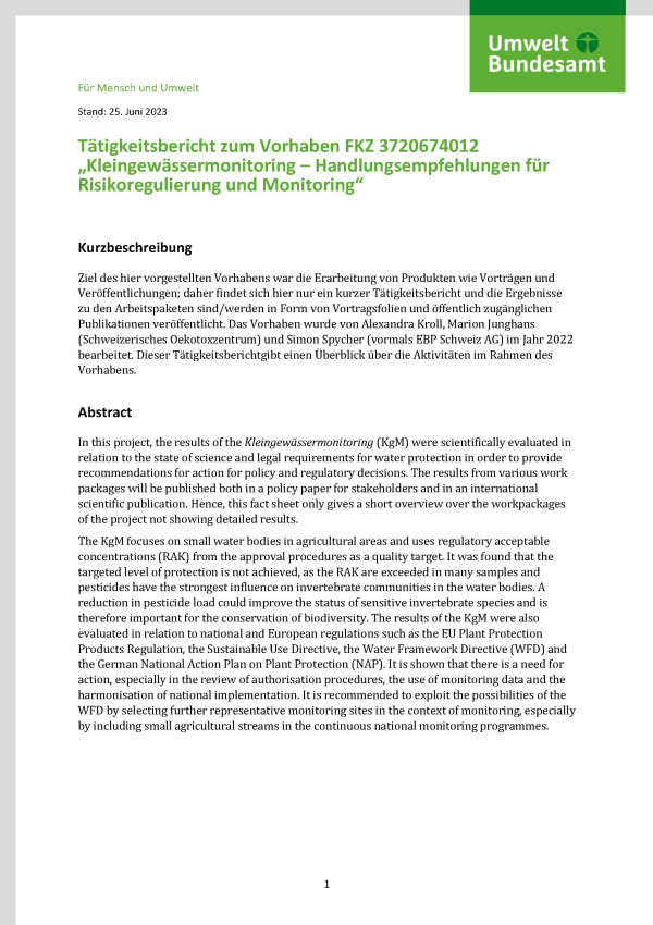 Cover des Factsheets Tätigkeitsbericht zum Vorhaben FKZ 3720674012 „Kleingewässermonitoring – Handlungsempfehlungen für Risikoregulierung und Monitoring“