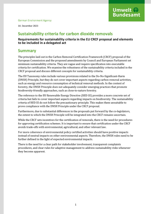 Cover des Fact Sheets "Sustainability criteria for carbon dioxide removals"