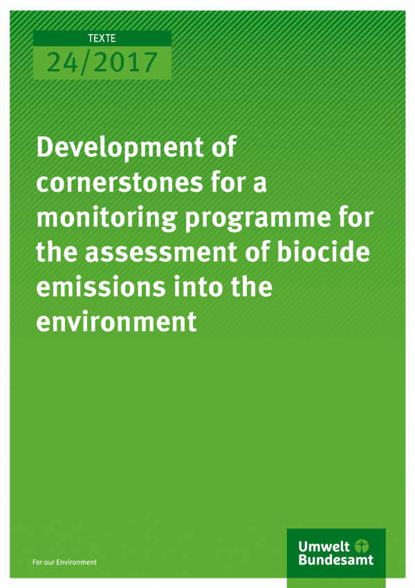 Cover of publication Texte 24/2017 Development of cornerstones for a monitoring programme for the assessment of biocide emissions into the environment