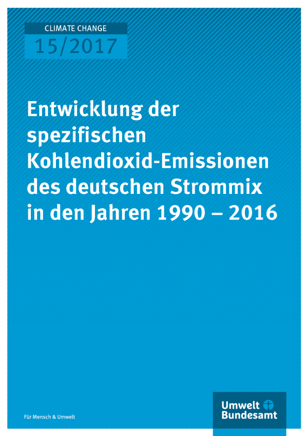 Cover der Publikation Climate Change 15/2017 Vorschautext  „Entwicklung der Spezifischen Kohlendioxid-Emissionen des deutschen Strommix in den Jahren 1990-2016“ Das Umweltbundesamt veröffentlicht jährlich seine Berechnungsergebnisse zur Entwicklung des Kohlendioxid-Emissionsfaktors des deutschen Strommix in der Zeitreihe ab 1990, der als Indikator für die Klimaverträglichkeit der Stromerzeugung angesehen werden kann. Bei der Erzeugung einer Kilowattstunde Strom für den Endverbrauch ohne Berücksichtigung des