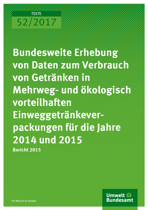 Cover der Publikation Texte 52/2017 Bundesweite Erhebung von Daten zum Verbrauch von Getränken in Mehrweg- und ökologisch vorteilhaften Einweggetränkeverpackungen für die Jahre 2014 und 2015 - Bericht 2015