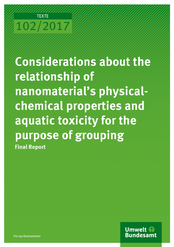 Cover of publication Texte 102/2017 Considerations about the relationship of nanomaterial’s physical-chemical properties and aquatic toxicity for the purpose of grouping