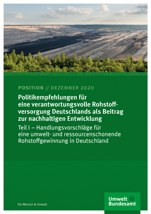 Cover des Positionspapiers Politikempfehlungen für eine verantwortungsvolle Rohstoffversorgung Deutschlands als Beitrag zur nachhaltigen Entwicklung