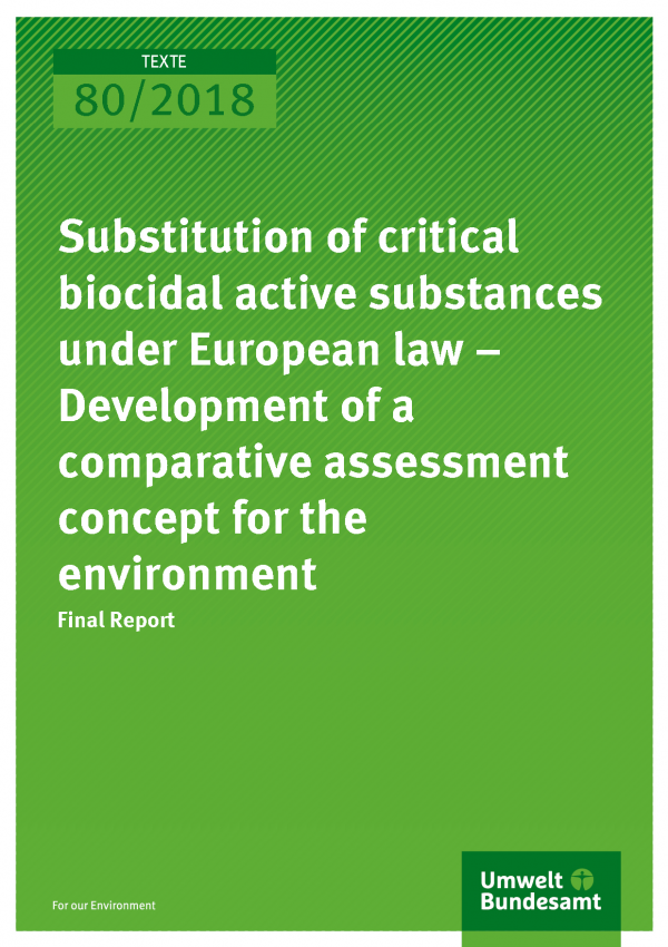 Cover of publication Texte 80/2018 Substitution of critical biocidal active substances under European law - Development of a comparative assessment concept for the environment