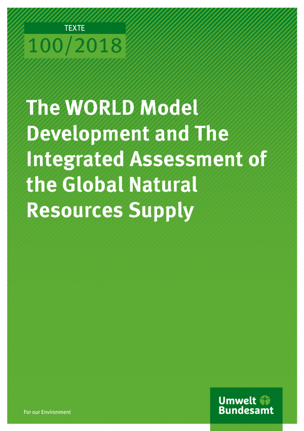 Cover of publication Texte 100/2018 The WORLD Model Development and The Integrated Assessment of the Global Natural Resources Supply