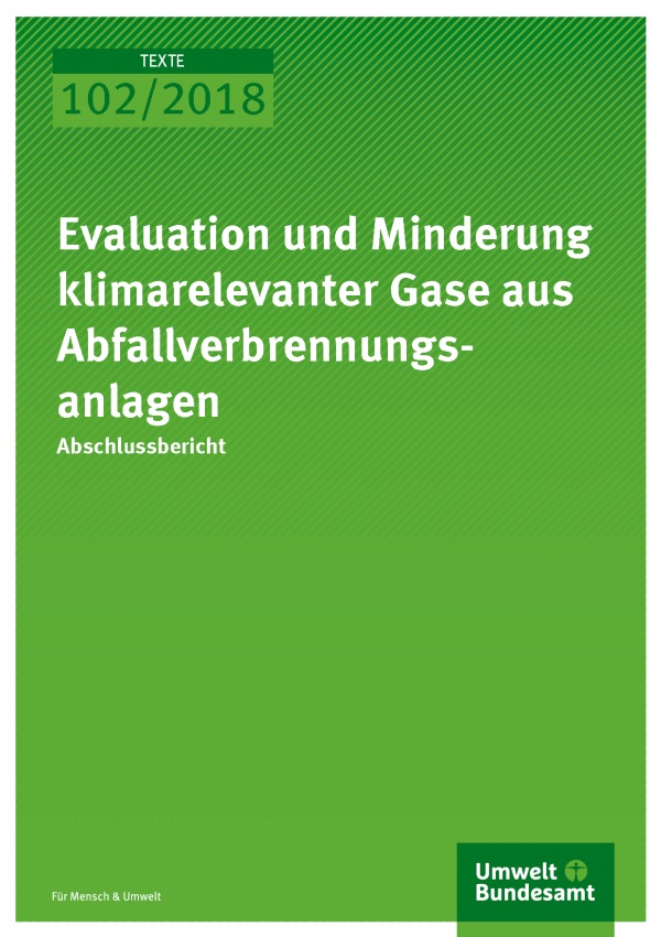 Cover der Publikation Texte 102-2018 Evaluation und Minderung klimarelevanter Gase aus Abfallverbrennungsanlagen