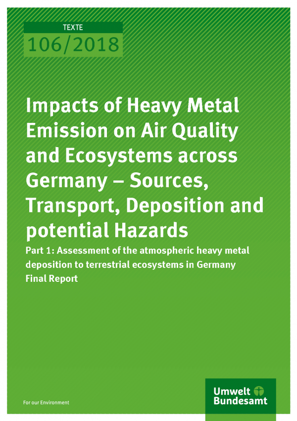 Cover der Publikation Texte 106/2018 Impacts of Heavy Metal Emission on Air Quality and Ecosystems across Germany – Sources, Transport, Deposition and potential Hazards