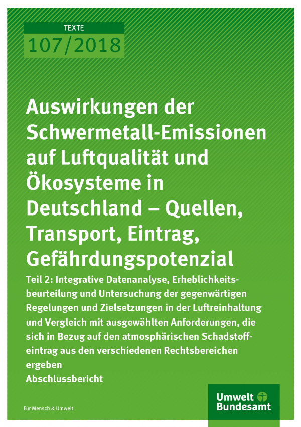 Cover der Publikation Texte 107/2018 Auswirkungen der Schwermetall-Emissionen auf Luftqualität und Ökosysteme in Deutschland - Quellen, Transport, Eintrag, Gefährdungspotenzial