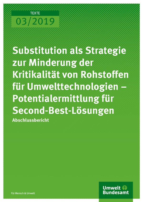 Cover der Publikation TEXTE 03/2019 Substitution als Strategie zur Minderung der Kritikalität von Rohstoffen für Umwelttechnologien – Potentialermittlung für Second-Best-Lösungen