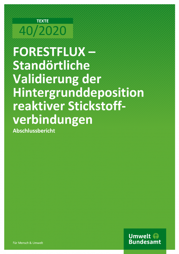 Cover der Publikation TEXTE 40/2020 FORESTFLUX – Standörtliche Validierung der Hintergrunddeposition reaktiver Stickstoffverbindungen