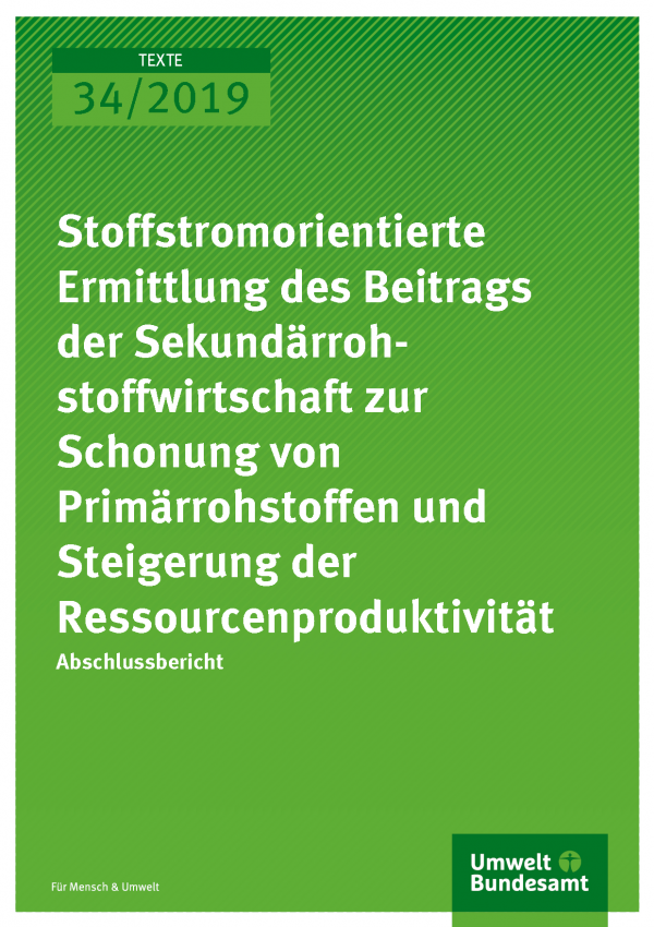 Cover der Publikation TEXTE 34/2019 Stoffstromorientierte Ermittlung des Beitrags der Sekundärrohstoffwirtschaft zur Schonung von Primärrohstoffen und Steigerung der Ressourcenproduktivität