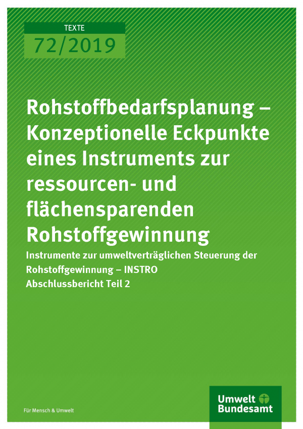 Cover der Publikation TEXTE 72/2019 Rohstoffbedarfsplanung – Konzeptionelle Eckpunkte eines Instruments zur ressourcen- und flächensparenden Rohstoffgewinnung