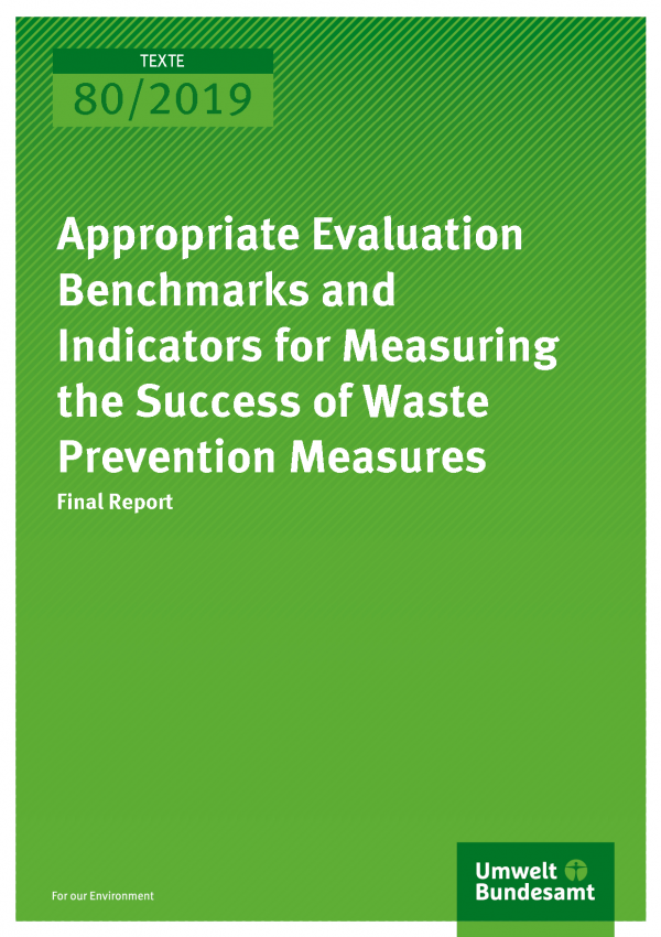 Cover of publication TEXTE 80/2019 Appropriate Evaluation Benchmarks and Indicators for Measuring the Success of Waste Prevention Measures