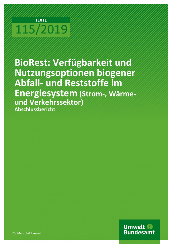 Cover der Publikation TEXTE 115/2019 BioRest : Verfügbarkeit und Nutzungsoptionen biogener Abfall- und Reststoffe im Energiesystem
