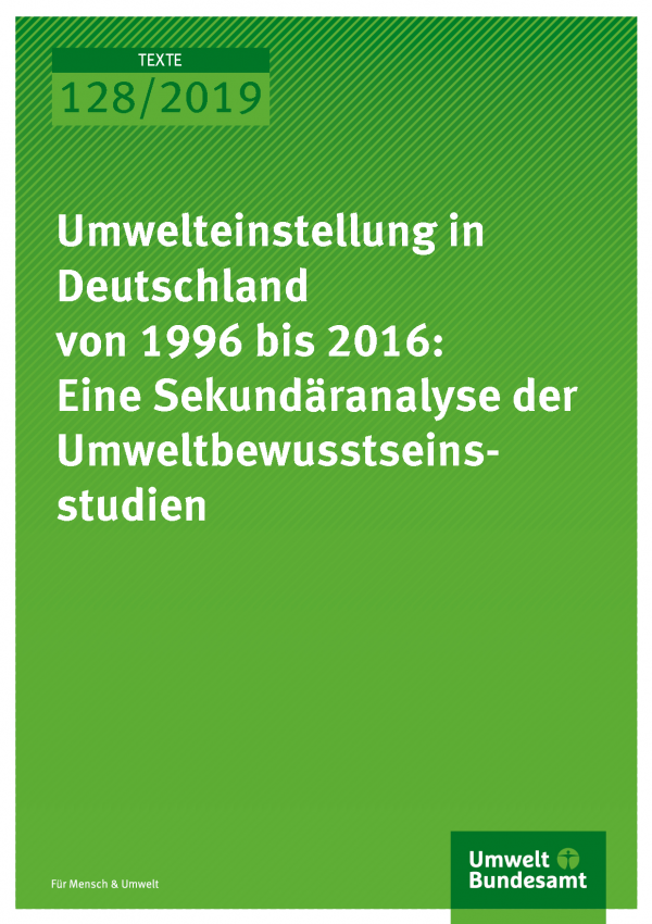 Cover der Publikation TEXTE 128/2019 Umwelteinstellung in Deutschland von 1996 bis 2016: Eine Sekundäranalyse der Umweltbewusstseinsstudien