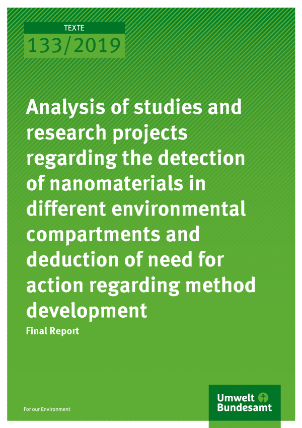 Cover of publication TEXTE 133/2019 Analysis of studies and research projects regarding the detection of nanomaterials in different environmental compartments and deduction of need for action regarding method development