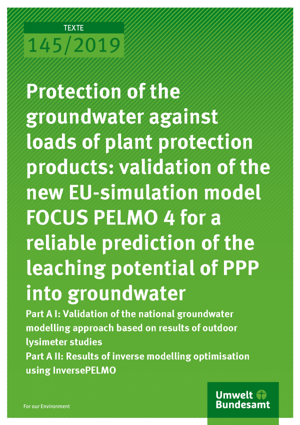 Cover of publication TEXTE 145/2019 Protection of the groundwater against loads of plant protection products: validation of the new EU-simulation model FOCUS PELMO 4 for a reliable prediction of the leaching potential of PPP into groundwater