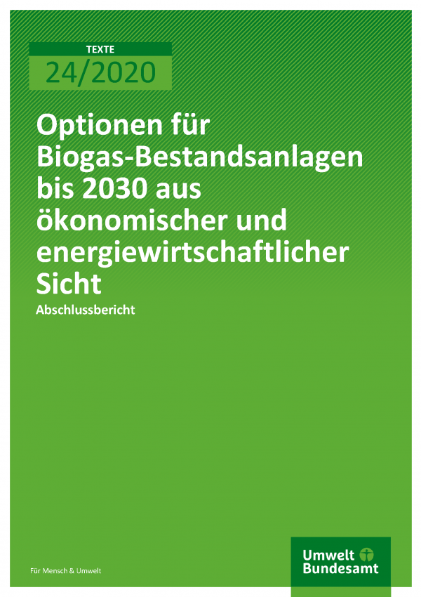 Cover der Publikation TEXTE 24/2020 Optionen für Biogas-Bestandsanlagen bis 2030 aus ökonomischer und energiewirtschaftlicher Sicht