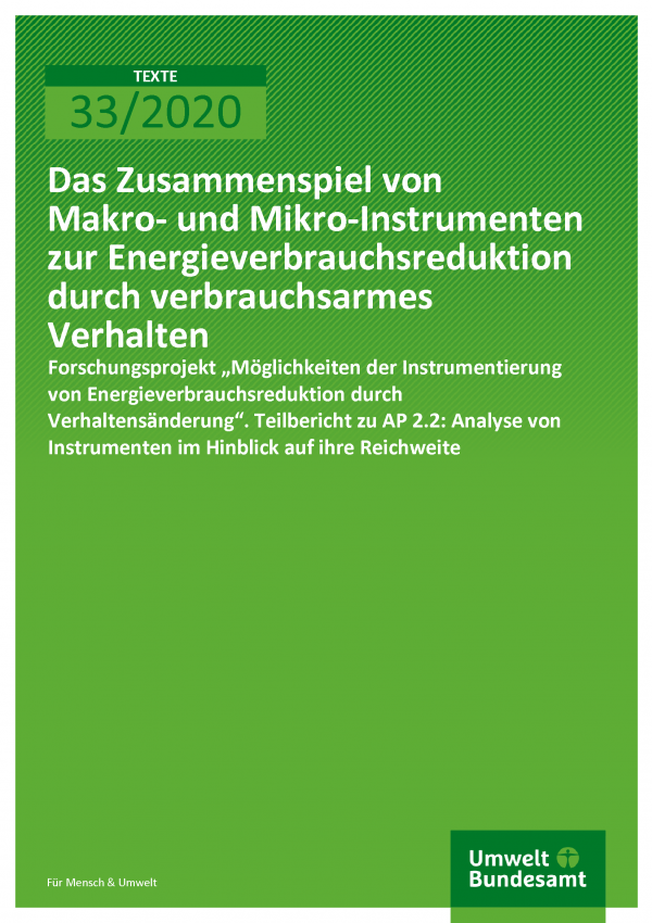 Cover der Publikation TEXTE 33/2020 Das Zusammenspiel von Makro- und Mikro-Instrumenten zur Energieverbrauchsreduktion durch verbrauchsarmes Verhalten