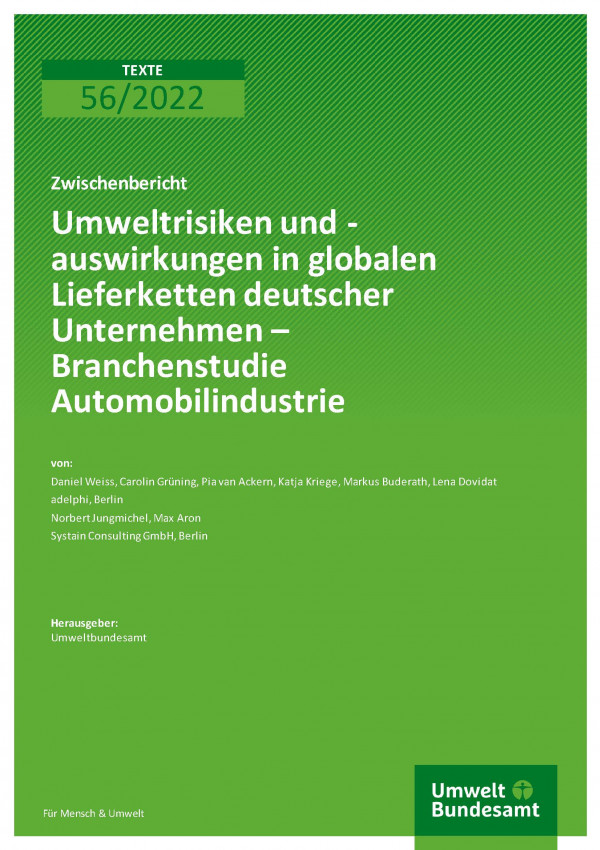 Cover der Publikation TEXTE 56/2022 Umweltrisiken und -auswirkungen in globalen Lieferketten deutscher Unternehmen