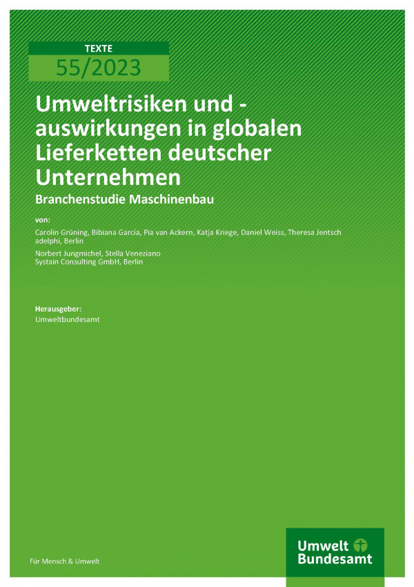 Cover der Publikation TEXTE 55/2023 Umweltrisiken und -auswirkungen in globalen Lieferketten deutscher Unternehmen - Branchenstudie Maschinenbau