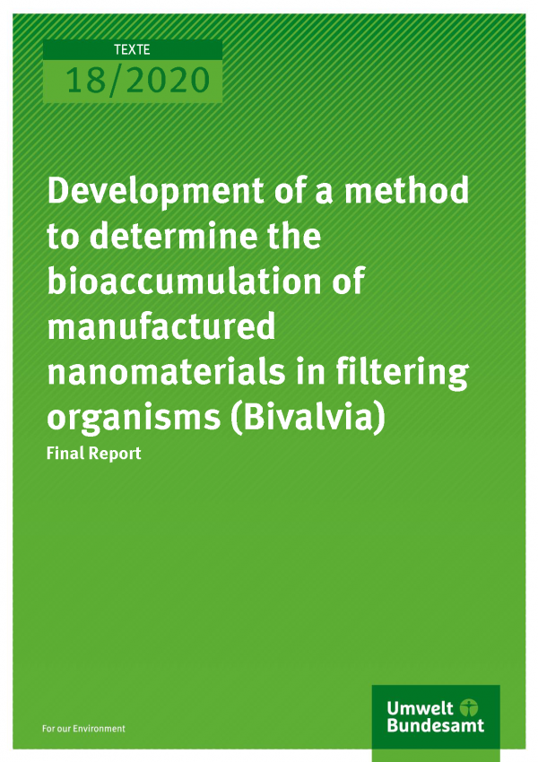 Cover der Publikation TEXTE 18/2020 Development of a method to determine the bioaccumulation of manufactured nanomaterials in filtering organisms (Bivalvia)