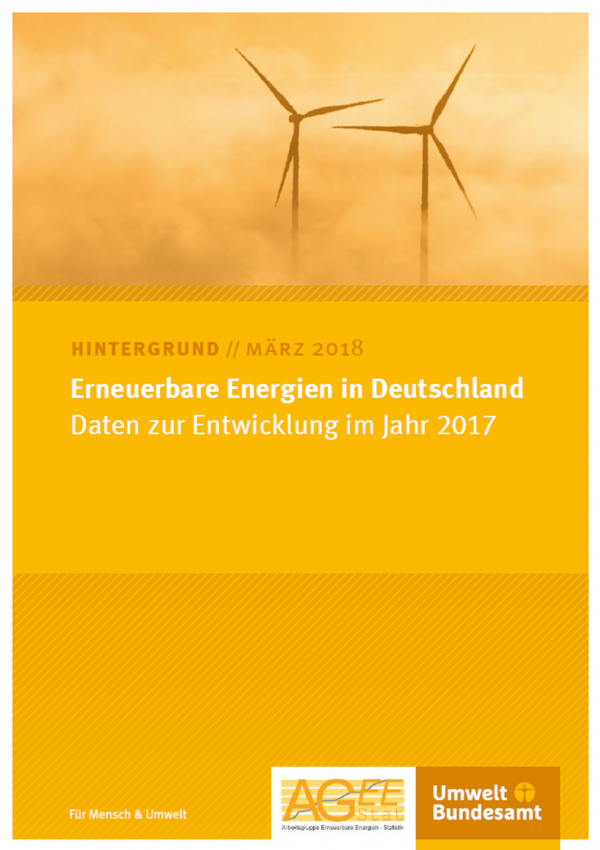 Cover des Hintergrundpapiers "Erneuerbare Energien in Deutschland: Daten zur Entwicklung im Jahr 2017" von März 2018 mit einem Foto von Windkraftanlagen und den Logos von Umweltbundesamt und AGEE Stat