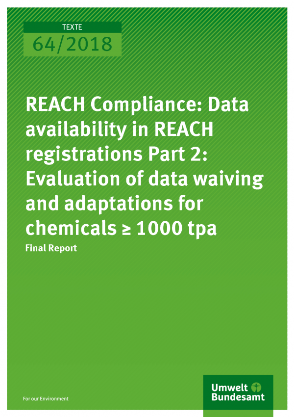 Cover of publication TEXTE 64/2018 REACH Compliance: Data availability in REACH registrations Part 2: Evaluation of data waiving and adaptations for chemicals ≥ 1000 tpa