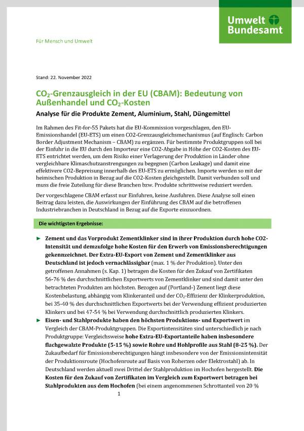 Titelbild des Factsheets CO2-Grenzausgleich in der EU (CBAM) - Bedeutung von Außenhandel und CO2-Kosten