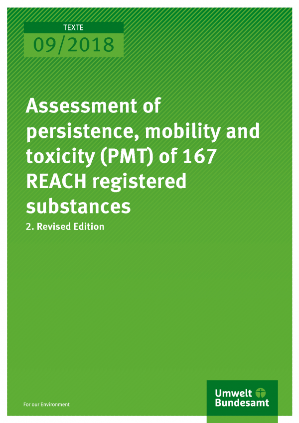 Cover of publication Texte 09/2018 Assessment of persistence, mobility and toxicity (PMT) of 167 REACH registered substances