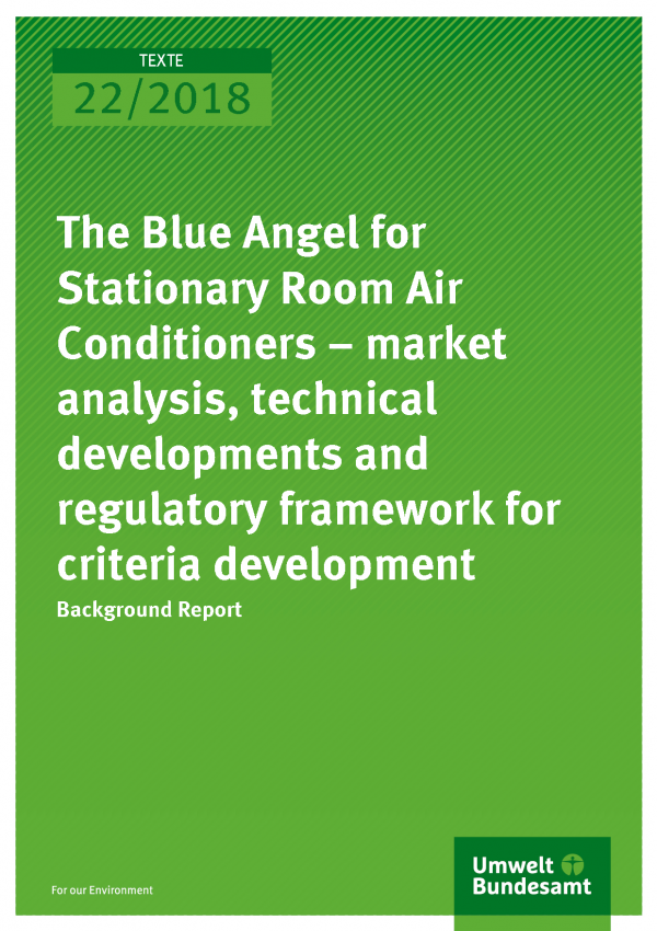 Cover of publication Texte 22/2018 The Blue Angel for Stationary Room Air Conditioners – market analysis, technical developments and regulatory framework for criteria development