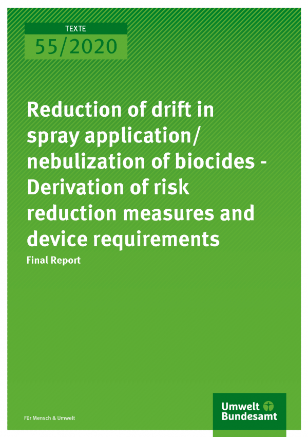 Cover of publication TEXTE 55/2020 Reduction of drift in spray application/ nebulization of biocides - Derivation of risk reduction measures and device requirements