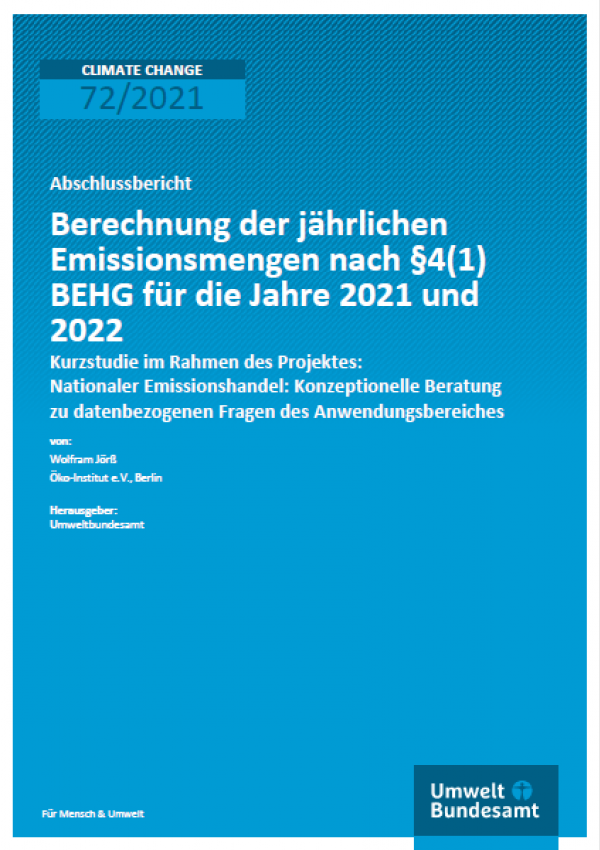 Cover Broschüre Berechnung der jährlichen Emissionsmengen nach §4(1) BEHG 2021 und 2022