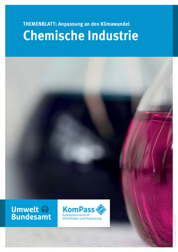 Cover von "Anpassung an den Klimawandel: Chemieindustrie" mit einem Foto eines Glasgefäßes mit einer dunklen Flüssigkeit