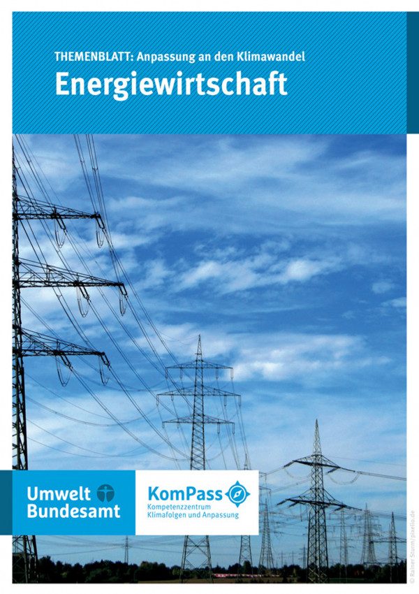 Cover von "Anpassung an den Klimawandel: Energiewirtschaft" mit einem Foto von Energiefreileitungstrassen
