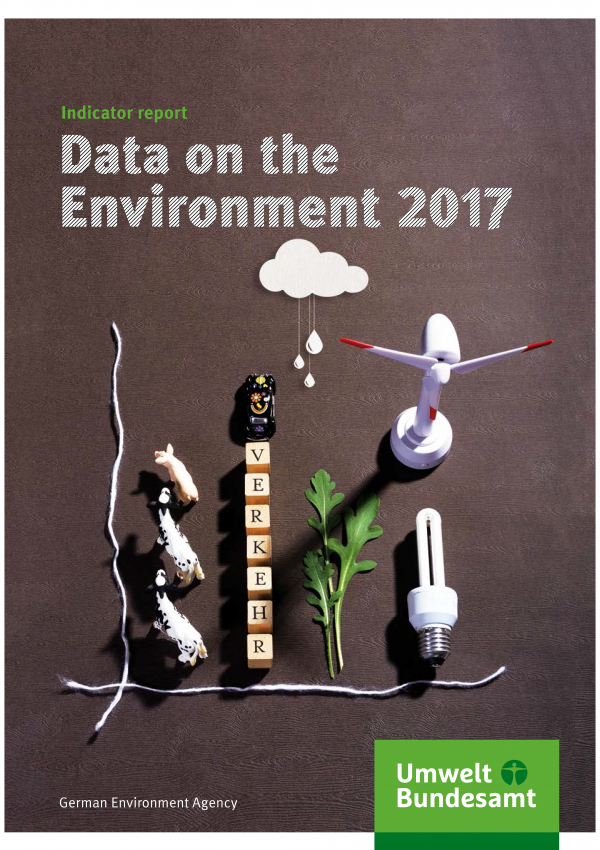 Cover of the brochure "Data on the Environment 2017, Indicator report" of the German Environment Agency with a picture of different objects like a miniature wind turbine, an energy-saving bulb and a toy car.